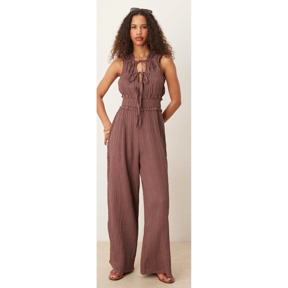 ASOS Double Cloth Gathered Tie Pants Jumpsuit Brown Cotton US 6 Wide Leg